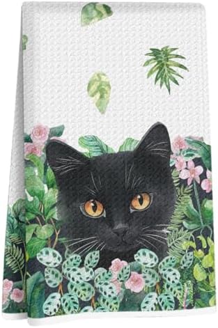 Cute Cat Tropical Plants Kitchen Towels, Spring Summer Greenery Hand Towels by Unknown