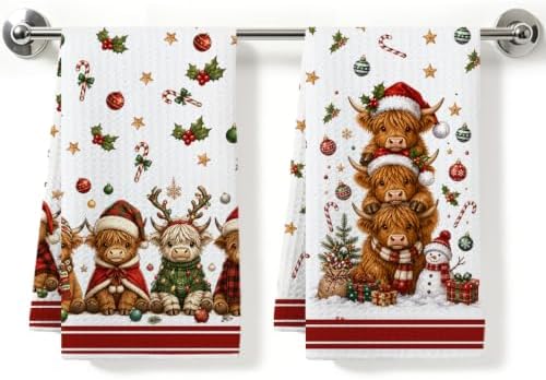 2 Pcs Christmas Kitchen Towels, Highland Cow Soft Absorbent Hand Tea Towels by ZHAMEN