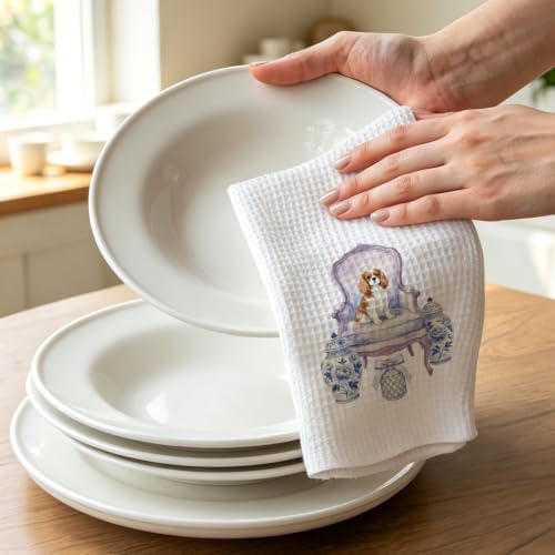 Cavalier King Charles Spaniel Kitchen Towel, Chinoiserie Dog Dish Towel - Image 3