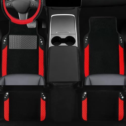 NBTEPEM 10 Pcs Bling Red Car Floor Mats Set, Leather Red Steering Wheel Covers - Image 3