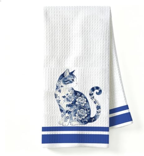 Chinoiserie Cat Kitchen Towel, Porcelain Style Cat Decor Dish Towel by Unknown