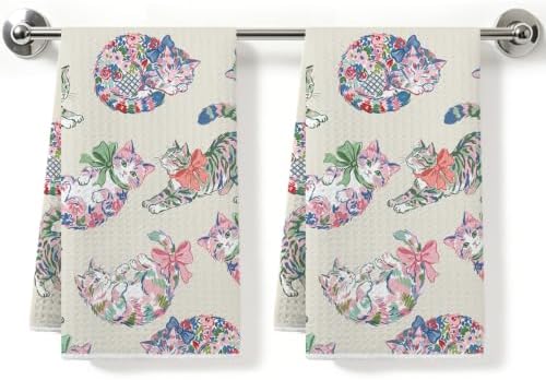 2 Pcs Colorful Cat Kitchen Towels, Cats Soft Absorbent Hand Tea Towel by ZHAMEN
