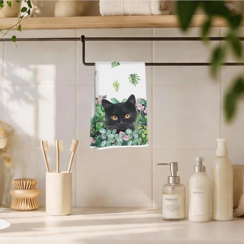 Cute Cat Tropical Plants Kitchen Towels, Spring Summer Greenery Hand Towels - Image 4