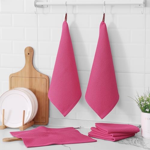 Kitinjoy 100% Cotton Waffle 6-Pack Kitchen Towels, Hot Pink - Image 6