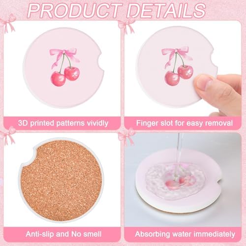4 Pcs Pink Bow Car Coasters for Cup Holders, 2.56 Inch Absorbent Ceramic - Image 3