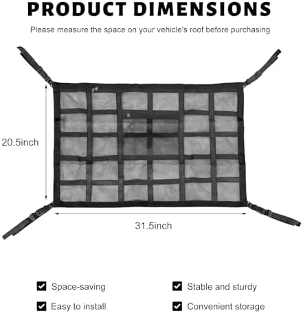 Car Ceiling Cargo Net Pocket, 31.5×20.5 Inch Double-Layer Car Roof Mesh Storage - Image 2
