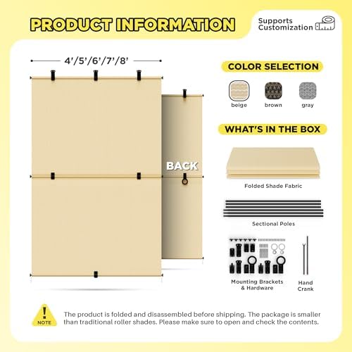 Outdoor Roller Shade 8'W x 10.5'H Cordless Shades Roll Up, Folding Exterior - Image 5