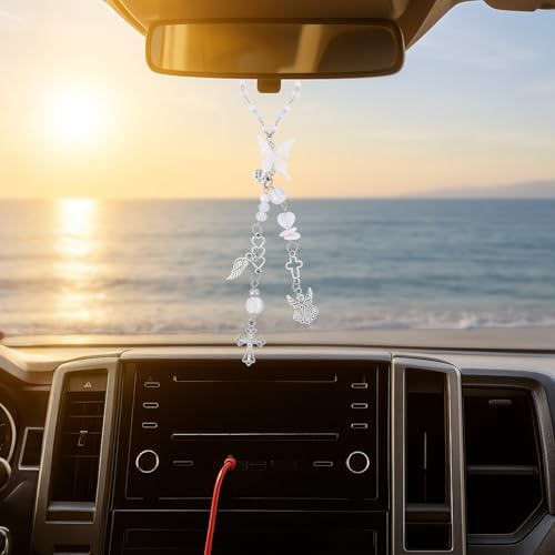 Angel Cross Rearview Mirror Charm Crystal Angel Wing Hanging Chain - Image 2
