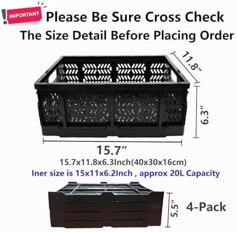 4-Pack Plastic Storage Crates, 20L Foldable Baskets, Collapsible Crates - Image 2