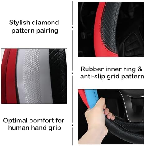 Leather Patchwork Black Red Steering Wheel Cover, 14.5-15 Inch Non-Slip - Image 5