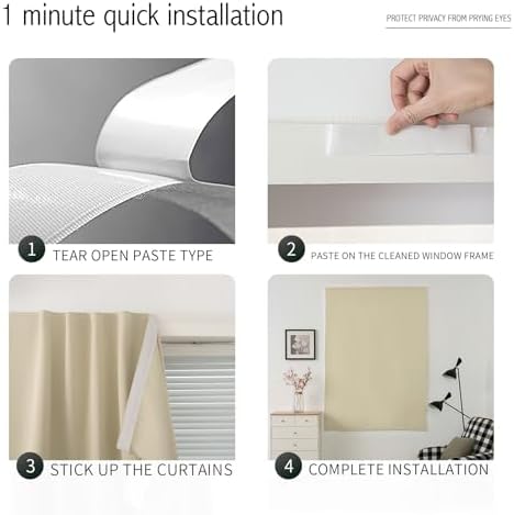 Thermal Blackout Curtains with Self-Adhesive Tape, No Rod No Drill Easy Install - Image 4