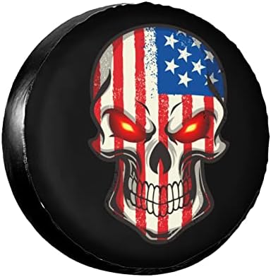 American Flag Skull Patriotic Spare Tire Cover, Universal Wheel Tire Cover by FEIONAGY
