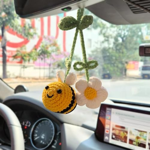 Cute Crochet Bee Daisy Rearview Mirror Hanging Car Accessories, Rear View by 96CRVFT