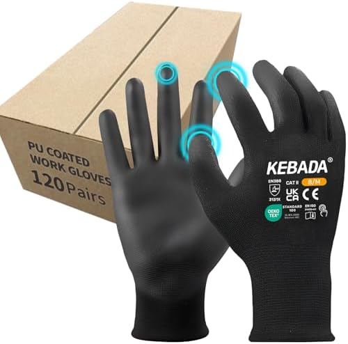 Kebada W1 Safety Work Gloves for Men Women, 120 Pairs Bulk Pack, PU Coated by KEBADA