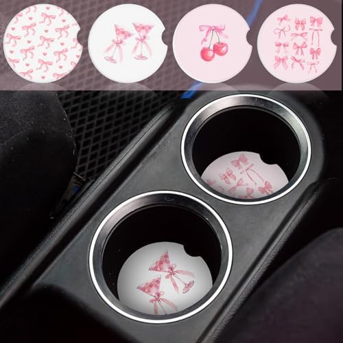 4 Pcs Pink Bow Car Coasters for Cup Holders, 2.56 Inch Absorbent Ceramic - Image 5