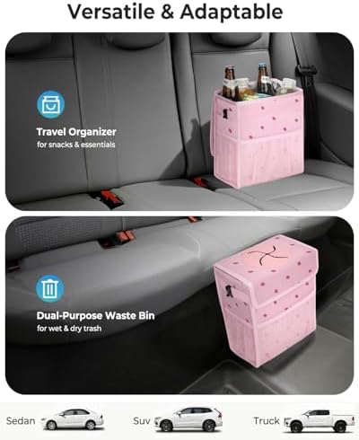 Corduroy Car Trash Can with Lid and Mesh Pockets - Image 5