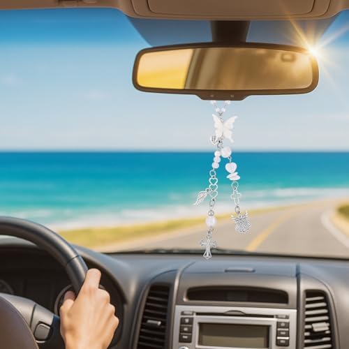 Angel Cross Rearview Mirror Charm Crystal Angel Wing Hanging Chain - Image 7