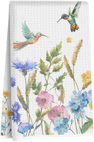 Hummingbird Kitchen Towels, Colorful Wildflower Humming Bird Hand Towels by Unknown