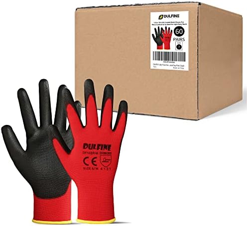 DULFINE Safety Work Gloves for Men 60 Pairs, Ultra-Thin PU Coated Red S by DULFINE