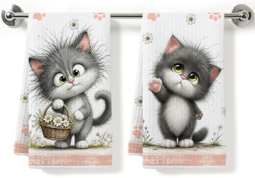 2 Pcs Cute Cat Kitchen Towels, Cat Theme Soft Absorbent Hand Tea Towels 04 by ZHAMEN