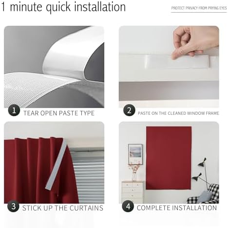 Thermal Blackout Curtains with Self-Adhesive Tape, No Rod No Drill Easy Install - Image 4