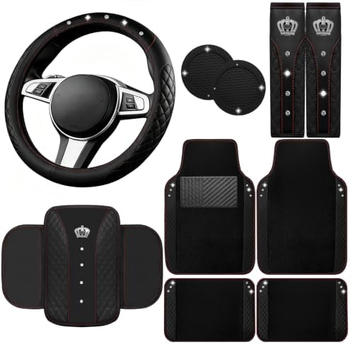 NBTEPEM 10 Pcs Bling Car Floor Mats Set, Leather Steering Wheel Covers by NBTEPEM