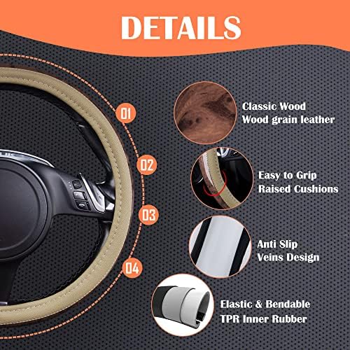 CAR PASS Wood Grain 14.5-15 inch Microfiber Leather Steering Wheel Cover - Image 4