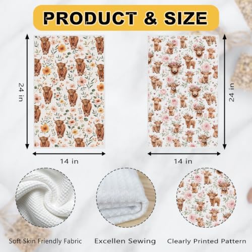 2 Pcs Cute Highland Cow Kitchen Towels, Cows Soft Absorbent Hand Towels 02 - Image 3