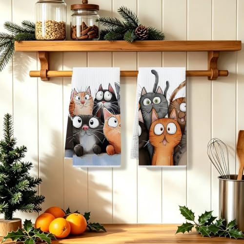 2Pcs Cute Cartoon Cat Kitchen Towels Waffle Soft Dish Hand Towel - Image 5