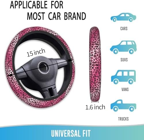 Steering Wheel Cover 15 Inch Breathable Anti Slip, Leopard Hot Pink - Image 4