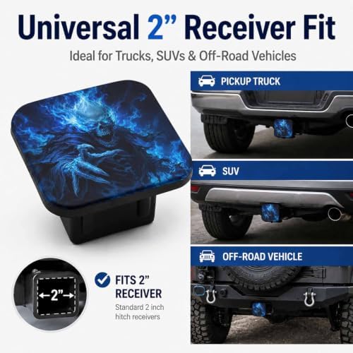 Hitch Cover Receiver Tube Hitch Plug Blue Fire Skeleton Skulls, Tool-Free - Image 4