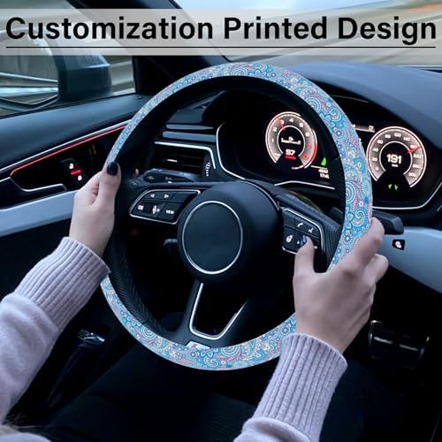 Blue Bohemian Pattern Steering Wheel Cover, Cute Print Steering Wheel Cover - Image 2
