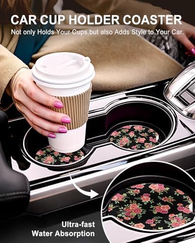 Swooflia Cute Girly Ceramic Car Coasters Pink Rose Cup Holder Coasters - Image 5