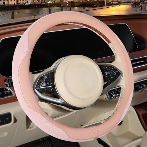 Nappa Leather Ice Silk Fabric Pink Steering Wheel Cover Women by Binsheo