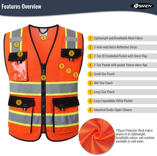 JKSafety Safety Vest for Men Women Hi Vis Reflective Vest JK220 Orange M - Image 4