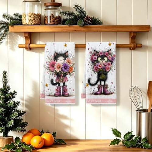 2 Pcs Funny Cat Kitchen Towels, Cat Theme Soft Absorbent Hand Tea Towels 04 - Image 5