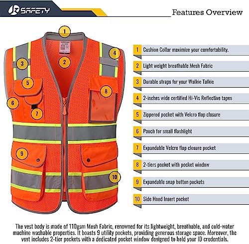 JKSafety Hi Vis Safety Vest for Men Women Cushioned Collar JK101 Orange 2XL - Image 4