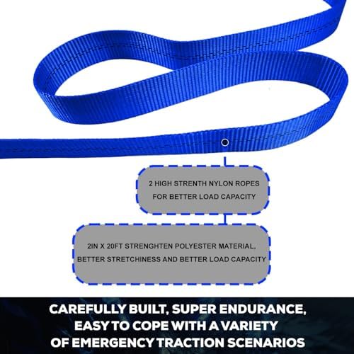 Nylon Tow Strap with Hooks Heavy Duty, 2”x20’ Recovery Rope Car Tow Strap - Image 4