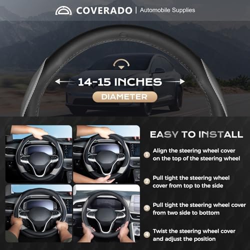 Coverado Car Steering Wheel Cover, Nappa Leather Black & Gray Steering Wheel - Image 5