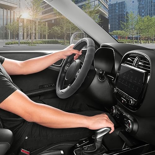 Motor Trend Soft Touch Leather Gray Steering Wheel Cover - Image 3