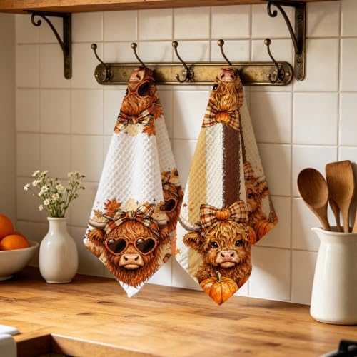 2 Pcs Fall Highland Cow Kitchen Towels, Striped Soft Absorbent Hand Towels - Image 4
