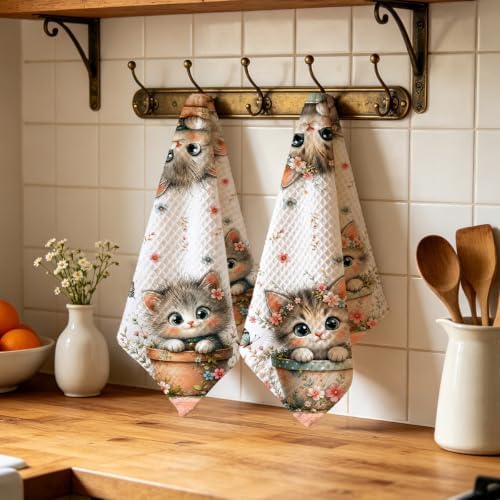 2 Pcs Cute Cat Kitchen Towels, Cat Theme Soft Absorbent Hand Tea Towels 05 - Image 4