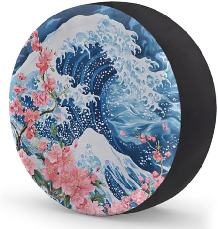 Spare Tire Cover for RV Trailer, Japanese Big Waves Cherry Blossoms Waterproof - Image 2