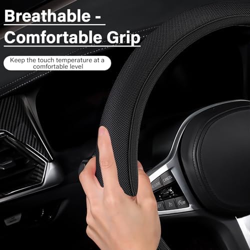 Black Mesh Steering Wheel Cover, Universal 15 inch, Elastic Stretch Microfiber - Image 3