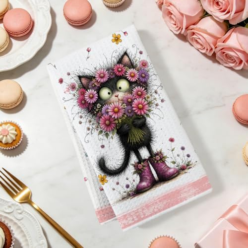 2 Pcs Funny Cat Kitchen Towels, Cat Theme Soft Absorbent Hand Tea Towels 04 - Image 2
