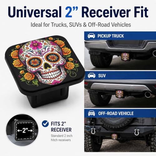 Hitch Cover Receiver Tube Hitch Plug Sugar Skull Flowers, Tool-Free Install Tow - Image 4