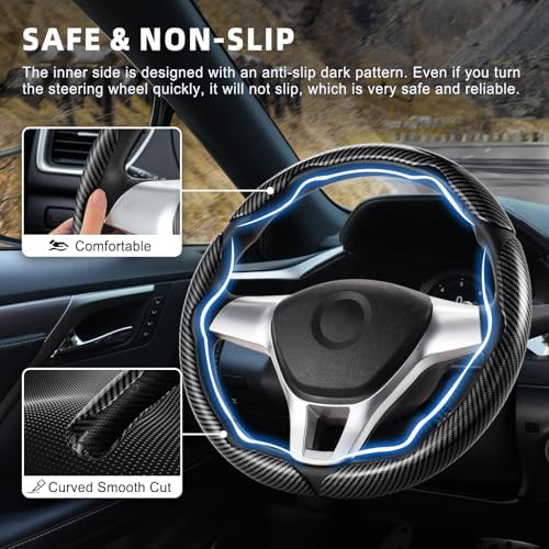 Amiss 3pcs Carbon Fiber Anti-Skid Steering Wheel Cover, Waterproof Design - Image 3