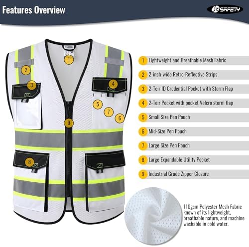 JKSafety Safety Vest for Men Women Hi Vis Reflective Vest JK220 White L - Image 4