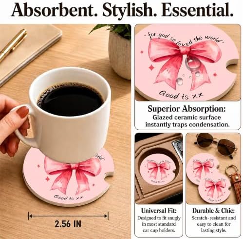 Pink Bow Christian Bible Car Coasters, Scripture Faith Cup Holders - Image 3