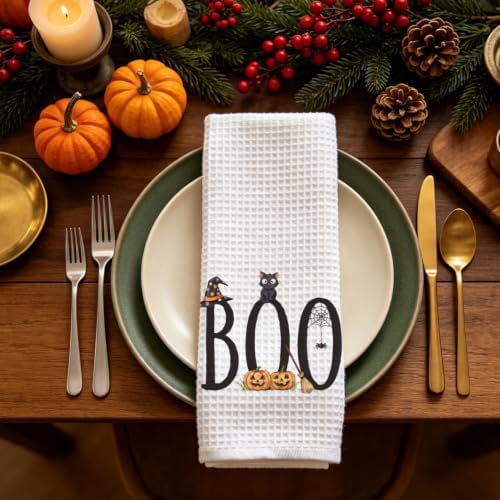 Fall Halloween Kitchen Towel, Boo Cat Pumpkin Gift Dish Towel - Image 5
